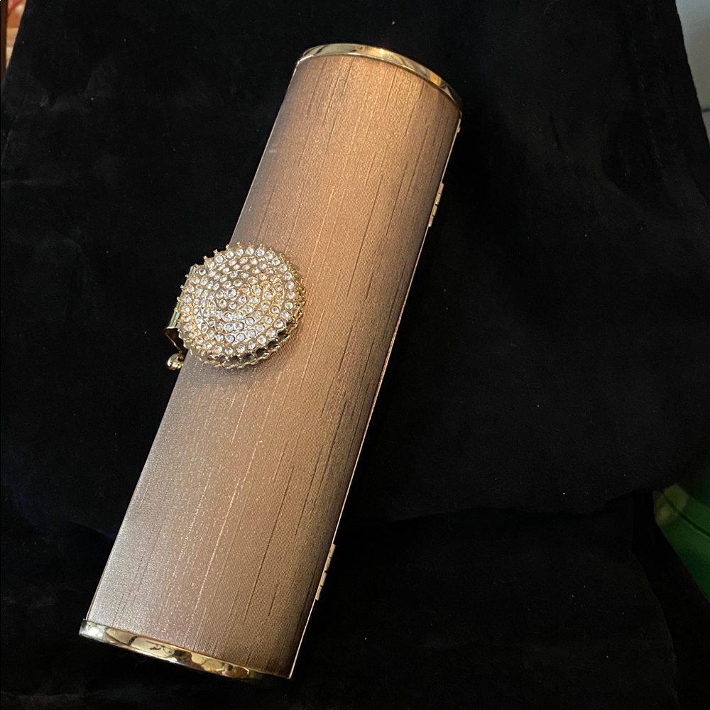 Minaudiere Gold Satin Clutch Bag with a Crystal Oval Clasp
